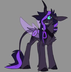 Size: 770x775 | Tagged: safe, artist:rockin_candies, oc, oc only, oc:nightshade (rockin_candies), changeling, hybrid, pony, chest fluff, fangs, female, glowing, glowing eyes, gray background, horn, leonine tail, magical lesbian spawn, offspring, parent:queen chrysalis, parent:twilight sparkle, simple background, smiling, solo, tail, wings