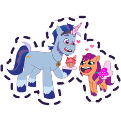 Size: 512x512 | Tagged: safe, gameloft, argyle starshine, sunny starscout, earth pony, pony, g5, my little pony: mane merge, official, bean mouth, coat markings, cupcake, cute, duo, fake horn, fake wings, father and child, father and daughter, female, filly, filly sunny starscout, foal, food, glasses, heart, jewelry, male, open mouth, open smile, pendant, simple background, smiling, socks (coat markings), stallion, sticker, transparent background, unicorn cupcake, unshorn fetlocks, younger
