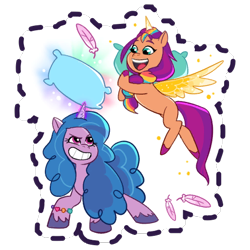Size: 512x512 | Tagged: safe, gameloft, izzy moonbow, sunny starscout, alicorn, earth pony, pony, unicorn, g5, my little pony: mane merge, official, artificial horn, artificial wings, augmented, bracelet, duo, duo female, feather, female, friendship bracelet, glowing, glowing horn, grin, horn, jewelry, magic, magic glow, magic horn, magic wings, mare, open mouth, open smile, pillow, pillow fight, race swap, simple background, slim, smiling, sticker, sunnycorn, telekinesis, transparent background, unshorn fetlocks, wings