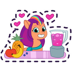 Size: 512x512 | Tagged: safe, gameloft, sunny starscout, earth pony, pony, g5, my little pony: mane merge, my little pony: tell your tale, official, sunny's smoothie moves, spoiler:g5, spoiler:my little pony: tell your tale, spoiler:tyts01e47, apple, bag, banana, blender (object), blueberry, female, food, fruit, grin, heart, herbivore, mane stripe sunny, mare, pineapple, saddle bag, simple background, smiling, solo, sticker, transparent background