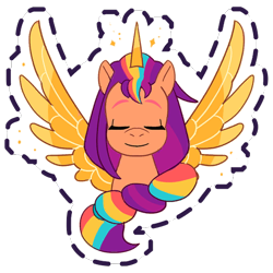 Size: 512x512 | Tagged: safe, gameloft, sunny starscout, alicorn, earth pony, pony, g5, my little pony: mane merge, official, artificial horn, artificial wings, augmented, eyes closed, female, horn, magic, magic horn, magic wings, mane stripe sunny, mare, race swap, simple background, smiling, solo, sparkles, sticker, sunnycorn, transparent background, wings
