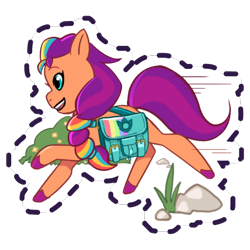 Size: 512x512 | Tagged: safe, gameloft, sunny starscout, earth pony, pony, g5, my little pony: mane merge, official, bag, bush, female, flower, grass, mane stripe sunny, mare, open mouth, open smile, rock, running, saddle bag, simple background, smiling, solo, speed lines, sticker, transparent background, unshorn fetlocks