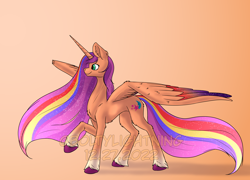 Size: 3662x2633 | Tagged: safe, artist:lightning bolty, sunny starscout, alicorn, pony, g5, alicornified, alternate design, beautiful, chest fluff, coat markings, colored, colored wings, commission, commissioner:princess, concave belly, cute, ear fluff, ethereal mane, ethereal tail, eyelashes, fluffy, gradient background, gradient hair, gradient hooves, gradient mane, gradient tail, gradient wings, green eyes, high res, hoof fluff, horn, large wings, leg fluff, long hair, long horn, long legs, long mane, long tail, looking forward, mane stripe sunny, multicolored hair, multicolored mane, multicolored tail, multicolored wings, obtrusive watermark, older, older sunny starscout, princess sunny starscout, race swap, raised hoof, shading, shadow, side view, signature, slender, smiling, socks (coat markings), solo, spread wings, standing, starry mane, starry tail, starry wings, sternocleidomastoid, striped mane, striped tail, sunnybetes, sunnycorn, tail, tall, thin, unshorn fetlocks, wall of tags, watermark, wing fluff, wings