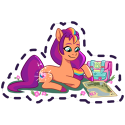 Size: 512x512 | Tagged: safe, gameloft, sunny starscout, earth pony, pony, g5, my little pony: mane merge, official, bag, female, flower, glowing cutie mark, looking at something, looking down, mane stripe sunny, map, mare, saddle bag, simple background, slender, smiling, solo, sparkles, sticker, thin, transparent background, unshorn fetlocks