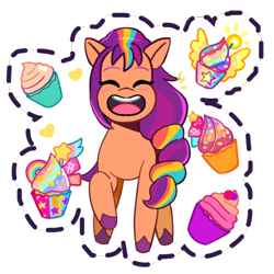 Size: 512x512 | Tagged: safe, gameloft, sunny starscout, earth pony, pony, g5, my little pony: mane merge, official, berry, blushing, cupcake, decoration, dessert, emanata, eyes closed, female, food, frosting, heart, mane stripe sunny, mare, open mouth, open smile, rainbow colors, rainbow cupcake, simple background, smiling, solo, sprinkles, stars, sticker, transparent background, unshorn fetlocks, wings