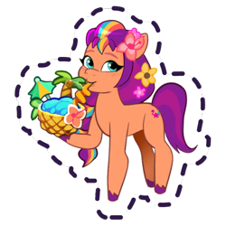 Size: 512x512 | Tagged: safe, gameloft, sunny starscout, earth pony, pony, g5, my little pony: mane merge, official, blushing, cocktail umbrella, coconut, drinking, drinking straw, female, flower, flower in hair, food, looking back, mane stripe sunny, mare, palm tree, pineapple, simple background, slender, solo, sticker, thin, transparent background, tree, unshorn fetlocks