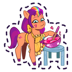 Size: 512x512 | Tagged: safe, gameloft, sunny starscout, earth pony, pony, g5, my little pony: mane merge, official, apron, batter, blushing, bowl, clothes, female, food, looking at something, looking down, mane stripe sunny, mare, mixing bowl, simple background, slender, smiling, solo, sticker, stirring, stool, thin, transparent background, unshorn fetlocks