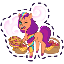 Size: 512x512 | Tagged: safe, gameloft, sunny starscout, earth pony, pony, g5, my little pony: mane merge, official, apple, basket, blushing, cloud, female, food, mane stripe sunny, mare, one eye closed, open mouth, open smile, pie, simple background, slender, smiling, solo, steam, sticker, thin, transparent background, unshorn fetlocks, wink