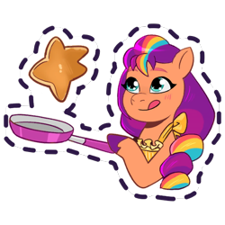 Size: 512x512 | Tagged: safe, gameloft, sunny starscout, earth pony, pony, g5, my little pony: mane merge, official, :p, apron, blushing, clothes, cooking, female, flipping, food, frying pan, looking at something, mane stripe sunny, mare, pancakes, simple background, solo, stars, sticker, tongue out, transparent background
