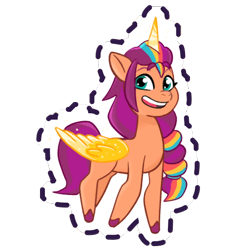 Size: 512x512 | Tagged: safe, gameloft, sunny starscout, alicorn, earth pony, pony, alicorn issues, g5, my little pony: mane merge, my little pony: tell your tale, official, spoiler:g5, spoiler:my little pony: tell your tale, spoiler:tyts01e14, artificial horn, artificial wings, augmented, female, horn, looking back, magic, magic horn, magic wings, mane stripe sunny, mare, open mouth, open smile, race swap, simple background, smiling, solo, sticker, sunnycorn, transparent background, unshorn fetlocks, wings