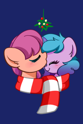Size: 1380x2072 | Tagged: safe, alternate version, artist:kittyrosie, izzy moonbow, sunny starscout, earth pony, pony, unicorn, g5, blue background, clothes, commissioner:raritybro, duo, eyes closed, female, lesbian, mistleholly, scarf, shared clothing, shared scarf, ship:moonscout, shipping, simple background, striped scarf