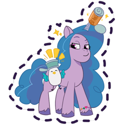 Size: 512x512 | Tagged: safe, gameloft, izzy moonbow, kenneth, bird, pony, seagull, unicorn, g5, my little pony: mane merge, official, beans, bracelet, can, duo, duo male and female, emanata, female, flying, food, friendship bracelet, izzy impaling things, izzy's beans, jewelry, jumping, looking at someone, looking back, male, mare, simple background, slender, smiling, smirk, sparkles, sticker, thin, transparent background, unshorn fetlocks