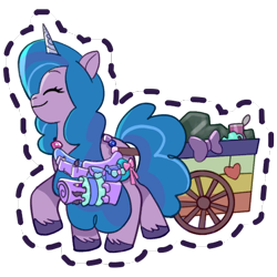 Size: 512x512 | Tagged: safe, gameloft, izzy moonbow, pony, unicorn, g5, my little pony: mane merge, official, accessory, belt, bow, can, cart, eyes closed, female, heart, mare, pitcher, simple background, smiling, solo, sticker, transparent background, unshorn fetlocks, walking