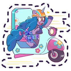 Size: 512x512 | Tagged: safe, gameloft, izzy moonbow, pony, unicorn, dumpster diving, g5, my little pony: mane merge, my little pony: tell your tale, official, spoiler:g5, spoiler:my little pony: tell your tale, spoiler:tyts01e13, accessory, belt, bow, female, glasses, goggles, heart, looking back, mare, motor scooter, open mouth, open smile, simple background, smiling, solo, speed lines, sticker, transparent background, unshorn fetlocks, waving
