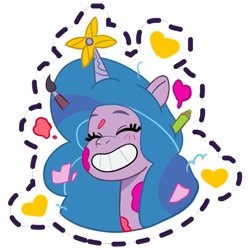 Size: 512x512 | Tagged: safe, gameloft, izzy moonbow, pony, unicorn, g5, my little pony: mane merge, official, blushing, cute, eyes closed, female, grin, happy, heart, izzy impaling things, izzybetes, mare, messy mane, paint, paint splatter, paintbrush, pencil, simple background, smiling, solo, sticker, transparent background