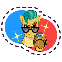 Size: 512x512 | Tagged: safe, gameloft, hitch trailblazer, earth pony, pony, g5, my little pony: mane merge, official, badge, confident, eyebrows, looking at you, male, raised eyebrow, simple background, smiling, solo, sparkles, stallion, sticker, sunglasses, transparent background, unshorn fetlocks
