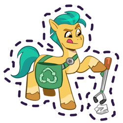 Size: 512x512 | Tagged: safe, gameloft, hitch trailblazer, earth pony, pony, g5, my little pony: mane merge, official, bag, coat markings, litter, male, paper, recycling, saddle bag, simple background, socks (coat markings), solo, stallion, sticker, tongue out, transparent background, unshorn fetlocks