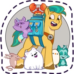 Size: 512x512 | Tagged: safe, gameloft, cloudpuff, hitch trailblazer, mcsnips-a-lot, bird, crab, dog, earth pony, flying pomeranian, mouse, pomeranian, pony, raccoon, raccoonicorn, rat, seagull, g5, my little pony: mane merge, official, backpack, coat markings, critter magnet, cute, eyes closed, flying rat, happy, male, open mouth, open smile, simple background, smiling, socks (coat markings), stallion, sticker, white background, winged dog