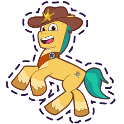 Size: 512x512 | Tagged: safe, gameloft, hitch trailblazer, earth pony, pony, g5, my little pony: mane merge, official, badge, coat markings, cowboy hat, hat, looking at you, male, open mouth, open smile, pose, rearing, simple background, smiling, socks (coat markings), solo, stallion, sticker, transparent background, unshorn fetlocks