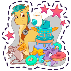 Size: 512x512 | Tagged: safe, gameloft, hitch trailblazer, bird, earth pony, mouse, pony, raccoon, raccoonicorn, rat, seagull, g5, my little pony: mane merge, official, angry, bow, cake, carrot, coat markings, critter magnet, dessert, donut, eating, food, frustrated, gritted teeth, macaron, male, simple background, smiling, socks (coat markings), stallion, stars, sticker, teeth, transparent background, unshorn fetlocks