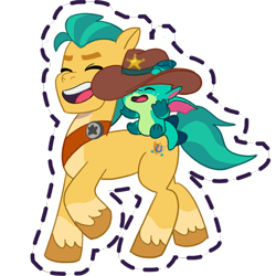 Size: 512x512 | Tagged: safe, gameloft, hitch trailblazer, sparky sparkeroni, dragon, earth pony, pony, g5, my little pony: mane merge, official, baby, baby dragon, coat markings, cowboy hat, cute, duo, duo male, eyes closed, hat, male, open mouth, open smile, papa hitch, simple background, smiling, socks (coat markings), stallion, sticker, transparent background, unshorn fetlocks, walking