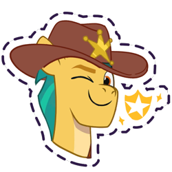 Size: 512x512 | Tagged: safe, gameloft, hitch trailblazer, earth pony, pony, g5, my little pony: mane merge, official, badge, confident, cowboy hat, hat, looking at you, male, one eye closed, simple background, smiling, smiling at you, solo, stallion, stars, sticker, transparent background, wink, winking at you