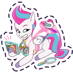 Size: 512x512 | Tagged: safe, gameloft, zipp storm, pegasus, pony, g5, my little pony: mane merge, official, cellphone, detective zipp, drone, emanata, female, flying, grin, hoof hold, looking at something, looking back, magnifying glass, mare, phone, simple background, smartphone, smiling, solo, sticker, transparent background, unshorn fetlocks