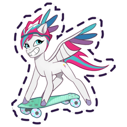 Size: 512x512 | Tagged: safe, gameloft, zipp storm, pegasus, pony, g5, my little pony: mane merge, my little pony: tell your tale, official, pony partay, spoiler:g5, spoiler:my little pony: tell your tale, spoiler:tyts01e25, female, grin, helmet, mare, simple background, skateboard, slender, smiling, solo, spread wings, sticker, thin, transparent background, unshorn fetlocks, wings