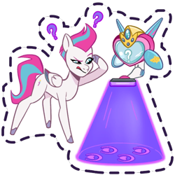 Size: 512x512 | Tagged: safe, gameloft, zipp storm, pegasus, pony, g5, my little pony: mane merge, official, detective zipp, female, heart hoofprints, hoofprints, light, mare, question mark, simple background, solo, spotlight, sticker, tongue out, transparent background, unshorn fetlocks