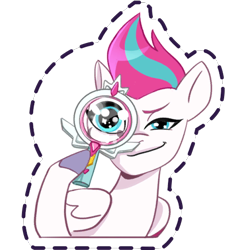 Size: 512x512 | Tagged: safe, gameloft, zipp storm, pegasus, pony, g5, my little pony: mane merge, official, detective zipp, female, hoof hold, magnifying glass, mare, simple background, smiling, solo, sparkly eyes, sticker, transparent background, unshorn fetlocks, wingding eyes