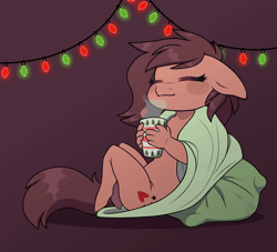 Size: 1100x1000 | Tagged: safe, artist:purplegrim40, oc, oc only, earth pony, anthro, animated, blanket, chibi, chocolate, christmas, christmas lights, ear flick, eyes closed, female, floppy ears, food, gif, holiday, hot chocolate, nudity, pillow, solo, string lights