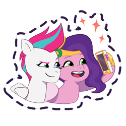 Size: 512x512 | Tagged: safe, gameloft, pipp petals, zipp storm, pegasus, pony, g5, my little pony: mane merge, official, adorapipp, adorazipp, cellphone, cute, duo, duo female, female, headband, jewelry, looking at something, mare, open mouth, open smile, phone, regalia, royal sisters (g5), selfie, siblings, simple background, sisters, smartphone, smiling, sparkles, sticker, transparent background
