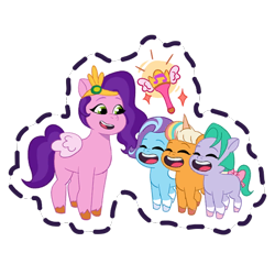 Size: 512x512 | Tagged: safe, gameloft, glory (g5), peach fizz, pipp petals, seashell (g5), earth pony, pegasus, pony, unicorn, g5, adorapipp, bow, coat markings, cute, eyes closed, female, filly, foal, glorydorable, group, headband, jewelry, mare, open mouth, open smile, peachsweet, pippsqueak trio, pippsqueaks, quartet, regalia, shellabetes, simple background, smiling, socks (coat markings), sparkles, sticker, tail, tail bow, transparent background, unshorn fetlocks
