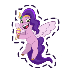 Size: 512x512 | Tagged: safe, gameloft, pipp petals, pegasus, pony, g5, my little pony: mane merge, official, adorapipp, belly, chubby, cute, female, flying, headband, jewelry, mare, microphone, open mouth, open smile, pipp is chubby, regalia, simple background, smiling, solo, spread wings, sticker, transparent background, unshorn fetlocks, wings