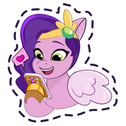 Size: 512x512 | Tagged: safe, gameloft, pipp petals, pegasus, pony, g5, my little pony: mane merge, official, adorapipp, cellphone, cute, female, headband, heart, hoof hold, jewelry, magnetic hooves, mare, open mouth, open smile, phone, regalia, simple background, smartphone, smiling, solo, speech bubble, sticker, transparent background, unshorn fetlocks