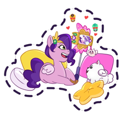 Size: 512x512 | Tagged: safe, gameloft, cloudpuff, pipp petals, dog, flying pomeranian, pegasus, pomeranian, pony, g5, my little pony: mane merge, official, adorapipp, cellphone, cute, duo, duo male and female, emoji, female, headband, heart, heart eyes, jewelry, male, mare, open mouth, open smile, phone, pillow, regalia, selfie, selfie stick, simple background, smartphone, smiling, stars, sticker, transparent background, wingding eyes, winged dog
