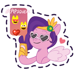 Size: 512x512 | Tagged: safe, gameloft, pipp petals, pegasus, pony, g5, my little pony: mane merge, official, adorapipp, cellphone, cute, emoji, glasses, hashtag, headband, heart, heart eyes, heart shaped glasses, hoof hold, jewelry, magnetic hooves, phone, regalia, simple background, smartphone, smiling, solo, speech bubble, spread wings, sticker, sunglasses, transparent background, wingding eyes, wings