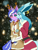 Size: 1488x1964 | Tagged: safe, artist:shamziwhite, oc, oc only, oc:ripy, glaceon, unicorn, anthro, blushing, cheek kiss, christmas, christmas outfit, clothes, costume, duo, female, harness, holiday, hug, kissing, male, outfit, pokémon, red nose, smiling, tack