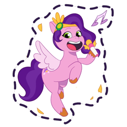 Size: 512x512 | Tagged: safe, gameloft, pipp petals, pegasus, pony, g5, my little pony: mane merge, official, adorapipp, cute, female, flying, headband, jewelry, mare, microphone, music notes, open mouth, open smile, regalia, simple background, singing, smiling, solo, spread wings, sticker, transparent background, unshorn fetlocks, wings