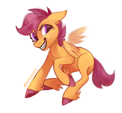 Size: 1112x1022 | Tagged: safe, artist:kipsneeps, scootaloo, pegasus, pony, blank flank, cute, cutealoo, female, filly, flapping, flapping wings, foal, grin, simple background, smiling, solo, unshorn fetlocks, white background, wings
