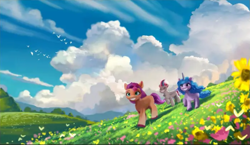 Size: 1041x602 | Tagged: safe, artist:lorenzo paoli, edit, izzy moonbow, sunny starscout, zipp storm, bird, earth pony, pegasus, pony, unicorn, g5, cloud, cloudy, cropped, flower, grass, happy, scenery, sunflower