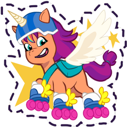 Size: 512x512 | Tagged: safe, gameloft, sunny starscout, alicorn, earth pony, pony, g5, my little pony: mane merge, official, artificial horn, artificial wings, augmented, bag, female, helmet, horn, magic, magic horn, magic wings, mane stripe sunny, mare, open mouth, open smile, race swap, roller skates, saddle bag, simple background, skates, smiling, solo, stars, sticker, sunnycorn, transparent background, wings