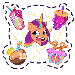 Size: 512x512 | Tagged: safe, gameloft, sunny starscout, alicorn, earth pony, pony, g5, my little pony: mane merge, official, artificial horn, artificial wings, augmented, cherry, coconut, cup, disembodied head, drink, drinking straw, emanata, female, flower, food, heart, horn, lemon, magic, magic horn, magic wings, mane stripe sunny, mare, open mouth, open smile, pie, race swap, simple background, slushie, smiling, smoothie, solo, sparkles, sunnycorn, transparent background, wings