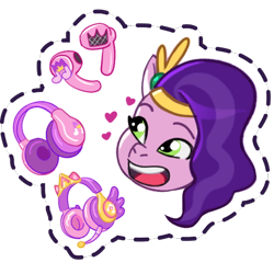 Size: 512x512 | Tagged: safe, gameloft, pipp petals, pegasus, pony, g5, my little pony: mane merge, official, adorapipp, cute, disembodied head, earbuds, headband, headphones, headset, headset mic, heart, jewelry, looking at something, open mouth, open smile, regalia, simple background, smiling, solo, sticker, transparent background