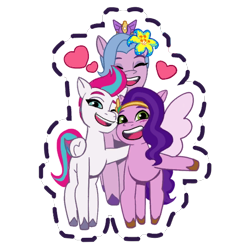 Size: 512x512 | Tagged: safe, gameloft, pipp petals, queen haven, zipp storm, pegasus, pony, g5, my little pony: mane merge, official, adorahaven, adorapipp, adorazipp, blushing, crown, cute, eyes closed, eyes open, eyeshadow, female, floating heart, flower, flower in hair, flower on ear, headband, heart, jewelry, makeup, mother and child, mother and daughter, ocean lily, one eye closed, open mouth, open smile, outstretched hoof, regalia, royal sisters (g5), siblings, simple background, sisters, smiling, spread wings, sticker, transparent background, trio, trio female, unshorn fetlocks, wings