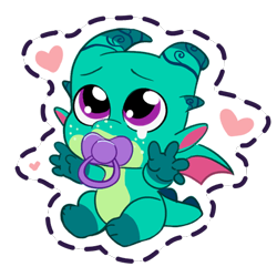 Size: 512x512 | Tagged: safe, gameloft, sparky sparkeroni, dragon, g5, my little pony: mane merge, official, baby, baby dragon, crying, cute, floating heart, freckles, heart, male, outstretched arms, pacifier, simple background, solo, sparkybetes, sticker, teary eyes, transparent background
