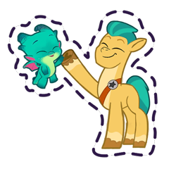 Size: 512x512 | Tagged: safe, gameloft, hitch trailblazer, sparky sparkeroni, dragon, earth pony, pony, g5, my little pony: mane merge, official, baby, baby dragon, coat markings, duo, duo male, eyes closed, father and child, father and son, high five, hoof heart, male, open mouth, open smile, papa hitch, simple background, smiling, socks (coat markings), stallion, sticker, transparent background, underhoof, unshorn fetlocks