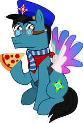 Size: 1720x2550 | Tagged: safe, artist:sketchmcreations, derpibooru exclusive, oc, oc only, oc:sketch mythos, earth pony, pony, 2023 community collab, derpibooru community collaboration, clothes, fake wings, food, frown, goggles, hat, hoof hold, implied zipp storm, male, meat, neckerchief, pizza, ponies eating meat, postman's hat, scarf, simple background, sitting, solo, stallion, transparent background, vector