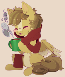 Size: 3492x4096 | Tagged: safe, artist:cutepencilcase, oc, oc only, oc:buttercup, pegasus, pony, cheeks, chocolate, clothes, foal, food, hot chocolate, scarf, solo