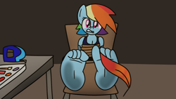 Size: 1280x720 | Tagged: safe, artist:erikschroth, rainbow dash, anthro, plantigrade anthro, g4, barefoot, bondage, chair, feather, feet, fetish, foot fetish, foot focus, soles, story included, table, tickle fetish, tickle torture, tickling, tied to chair, tied up, toes